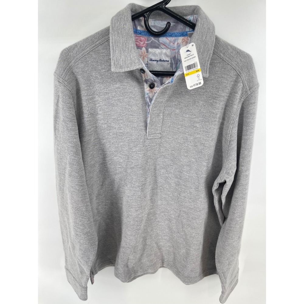 Tommy Bahama Polo Shirt Mens Medium Gray New Montauk Coast Long Sleeve Ribbed